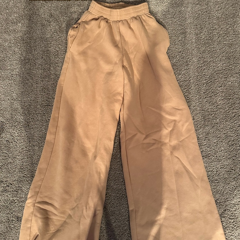 Tan Wide Leg High-Waisted Pants with Elastic Waistband